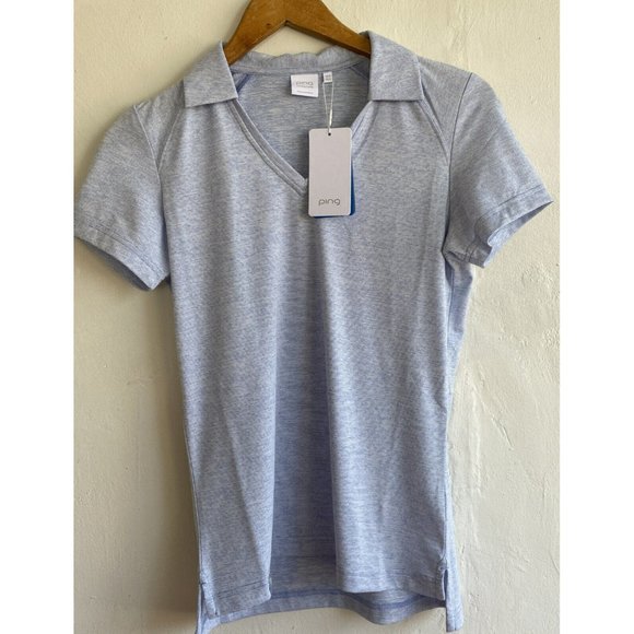 Ping Tops - Ping Sensorcool Womens Polo Shirt Size 4 Blue Striped V-Neck Collar SS NWT